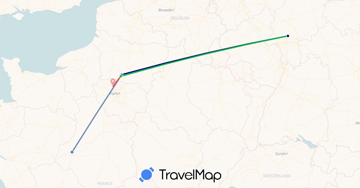 TravelMap itinerary: driving, bus, cycling, hiking in Germany, France (Europe)